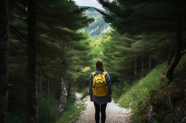 Vrouw backpacker wandelen in het bos alleen