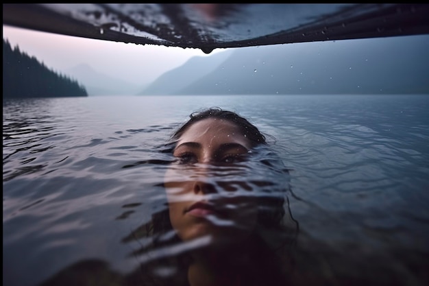 Vrouw badend in een meer bij zonsondergang met water tot aan haar nek Ai gegenereerd