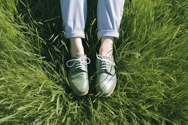 Vrouw benen voeten omhoog op groen gras Generatieve AI