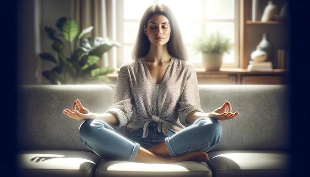 Vrouw beoefent meditatie op de bank in een heldere woonkamer