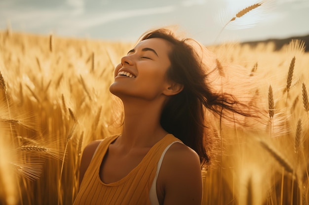 Vrouw beoefent mindfulness in het veld van zwaaiende gouden tarwe Generatieve AI