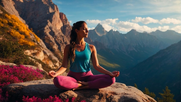 Vrouw beoefent yoga op de berg.