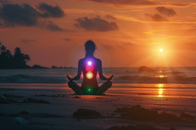 Vrouw beoefent yoga op het strand bij zonsondergang gloeiende chakra's