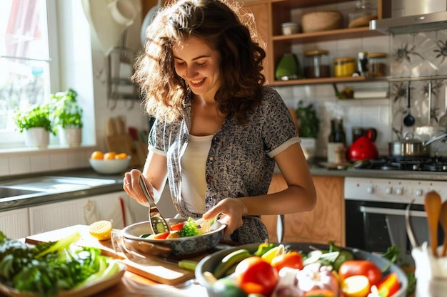 Vrouw bereidt lunchfoto voor in een huiselijke sfeer in de keuken