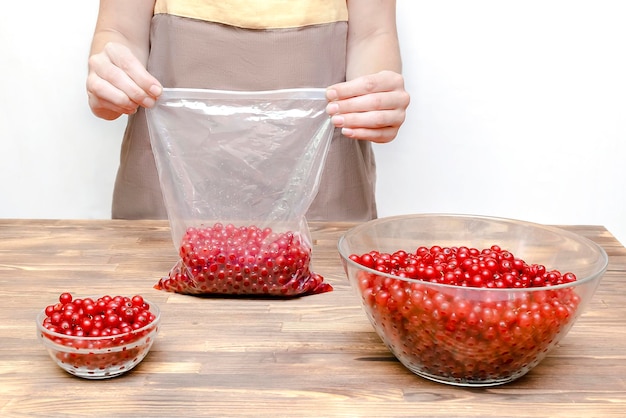 Vrouw bereidt rode aalbessen in kom om in te vriezen in pakket thuis keuken voor winterpeeling zomerfruit kookrecept instructie naturalhealthy bevroren bes rijk aan vitamines op houten tafel