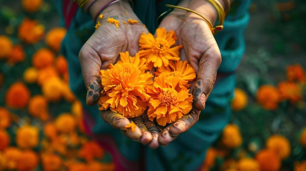Vrouw bezit bloemen van marigold