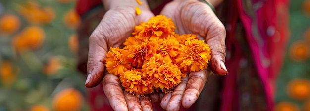 Vrouw bezit bloemen van marigold