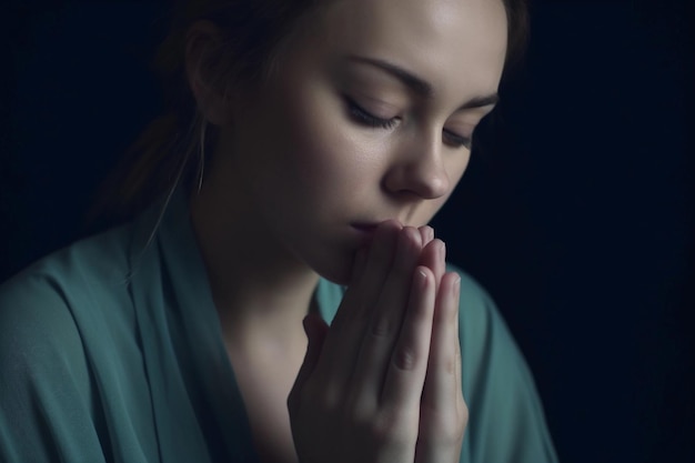 Vrouw biddend in het donker met haar handen gevouwen in gebed