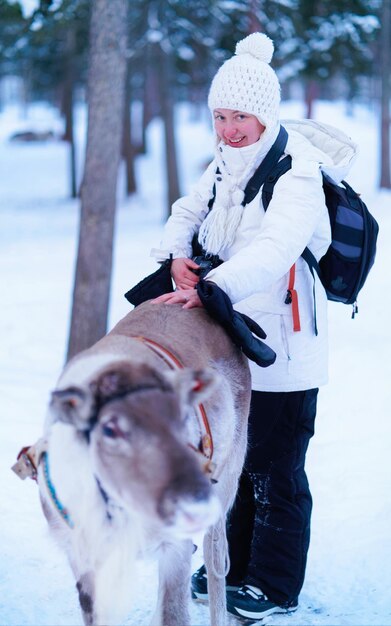 Vrouw bij rendierenslee in Finland in Rovaniemi bij boerderij in Lapland. Dame op kerstslee op winterslee safari met sneeuw Finse Arctische noordpool. Plezier met Noorse Saami-dieren