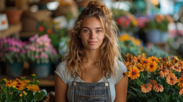 Vrouw bloemenhandelaar tussen bloemen