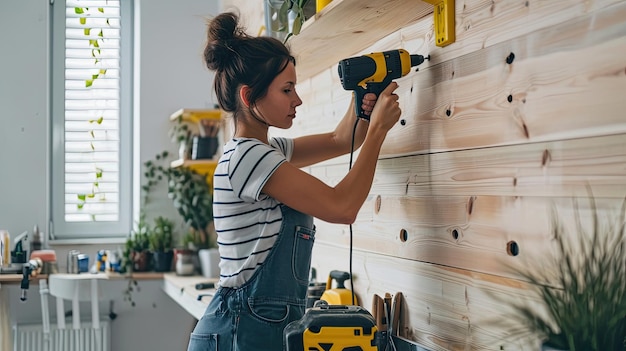 Vrouw boort gaten in de muur DIY huisverbetering boort gates in de muur vrouw elektrische gereedschap installatie planken renovatie gegenereerd door AI