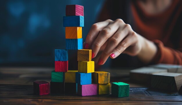 Vrouw bouwt blokken met houten blokken