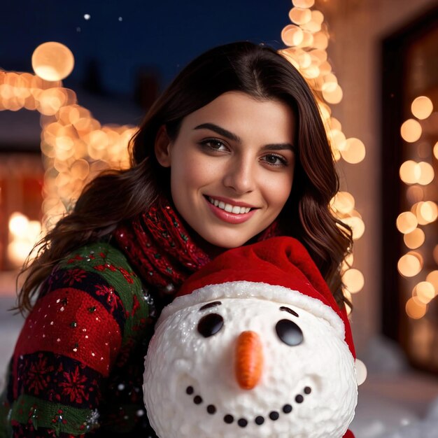 vrouw bouwt kerst sneeuwman glimlachend