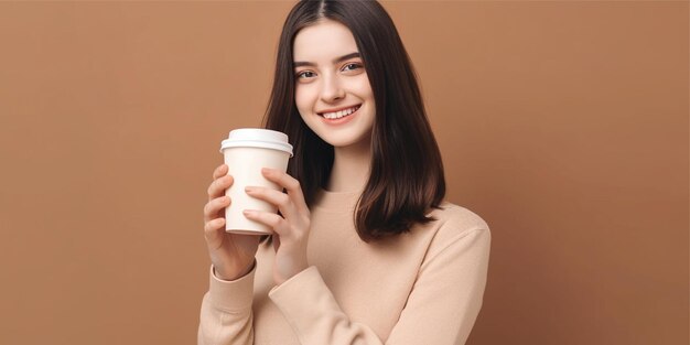 vrouw brengt een kopje koffie banner achtergrond