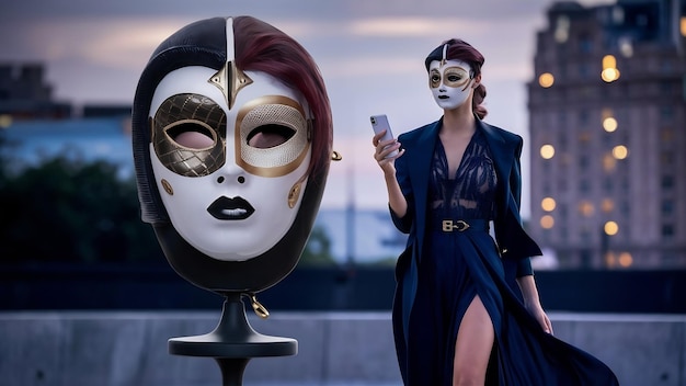 Vrouw buiten met een masker en een smartphone