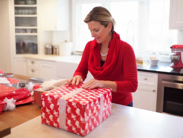 Vrouw cadeautjes inpakken met inpakpapier met vakantiethema