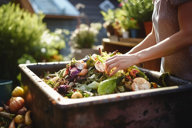 Vrouw composteert voedselverspilling Outdoor compostbak om keukenafval te verminderen Organisch afval in tuincomposter ecovriendelijk tuinieren duurzaamheid Milieuvriendelijke ecologie