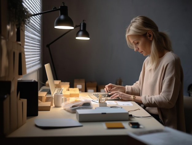 Vrouw controleert online bestellingen op kantoor aan huis Generatieve AI