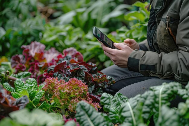 Foto vrouw controleert telefoon in groentetuin