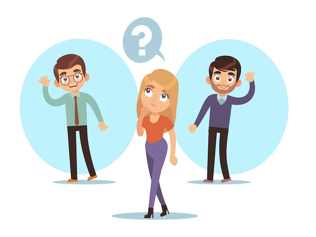 Vrouw denkt aan twee knappe mannen en probeert te beslissen wie ze liefheeft Jongen zwaait met de hand Kies partner voor romantische relaties Dating app cartoon plat illustratie Vector concept