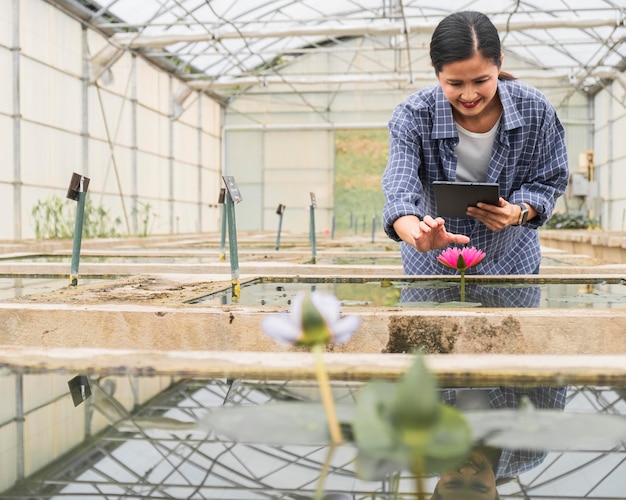 Vrouw die aan een aquatische tuin werkt