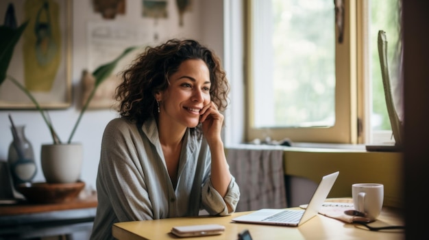 Vrouw die aan tafel werkt met een laptop