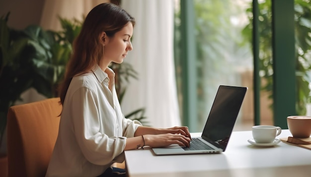 Vrouw die alleen thuis werkt met haar laptop