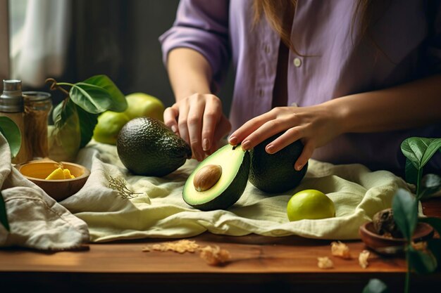 Foto vrouw die avocado's bereidt om in de keuken te eten