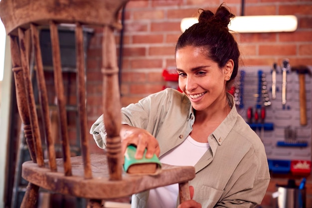 Vrouw die bedrijf runt in werkplaats thuis, meubels restaureert en upcycled