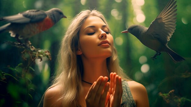 Vrouw die bidt en vrije vogel en zich voegt bij de natuur Generatieve AI