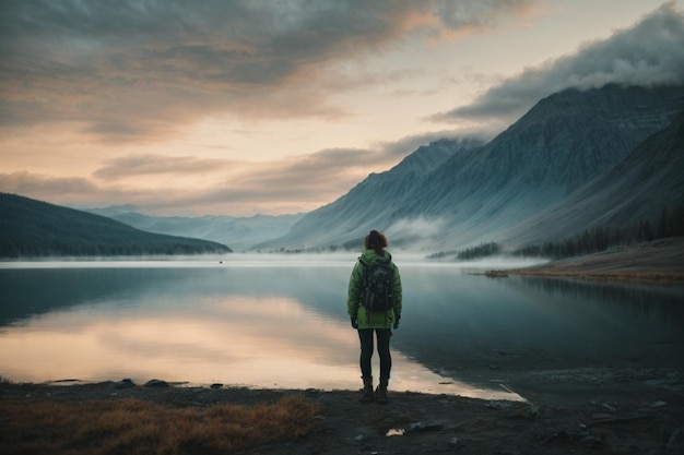 Vrouw die bij een meer staat bij zonsondergang IJsland