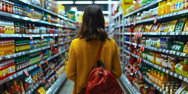 Vrouw die boodschappen doet in een drukke gang van een supermarkt Concept Bezige supermarkt boodschappen doen Vrouw Klant Gang Scene Overvol winkel