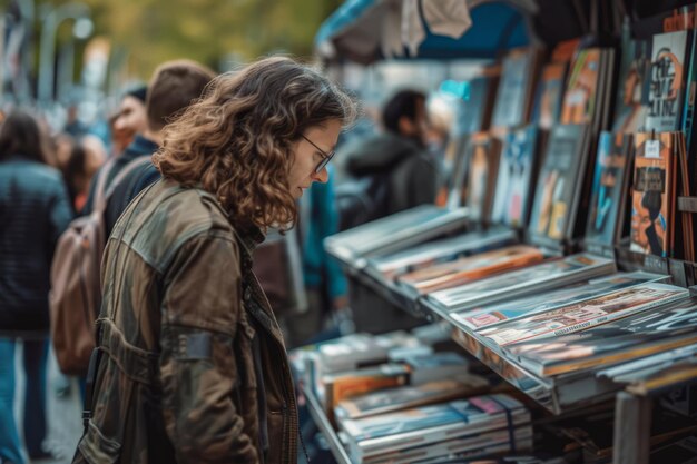 Vrouw die CD's bekijkt in een muziekwinkel