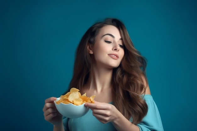 Vrouw die chips eet Genereer Ai