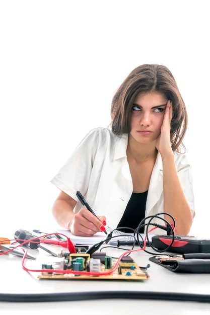 Vrouw die computeronderdeel, problemenconcept, problemen met het servicecentrum repareert. reparatieservice voor elektronica.