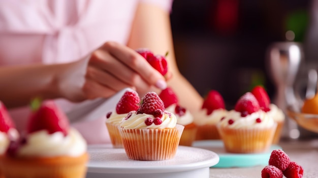 Vrouw die cupcakes versiert met verse frambozen