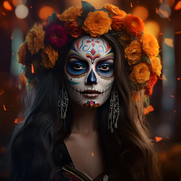 vrouw die Dag van de Doden viert in de traditionele goudsbloembloemen van Mexico en de make-up van de suikerschedel