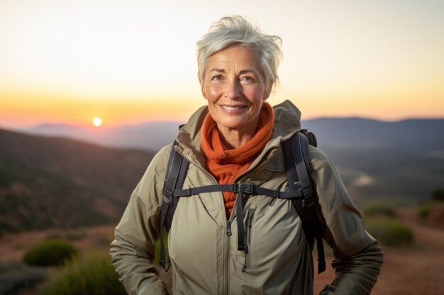 Vrouw die de majestueuze bergtop in de schemering overwint