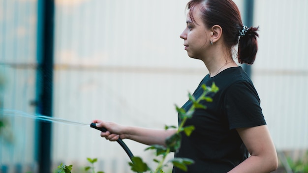 Vrouw die de tuin van slang water geeft Vrouw die water op groenten sproeit met een tuinslang Een gelukkige vrouw met een slang zorgt voor de tuin Concept tuinieren en tuinonderhoud