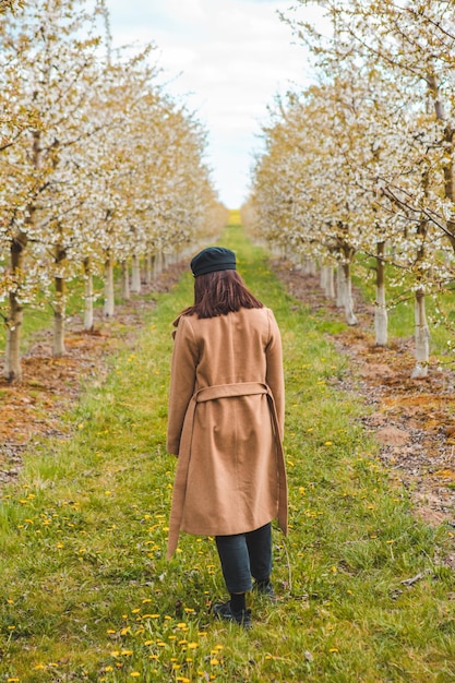 Vrouw die door bloeiende tuinfruitbomen loopt