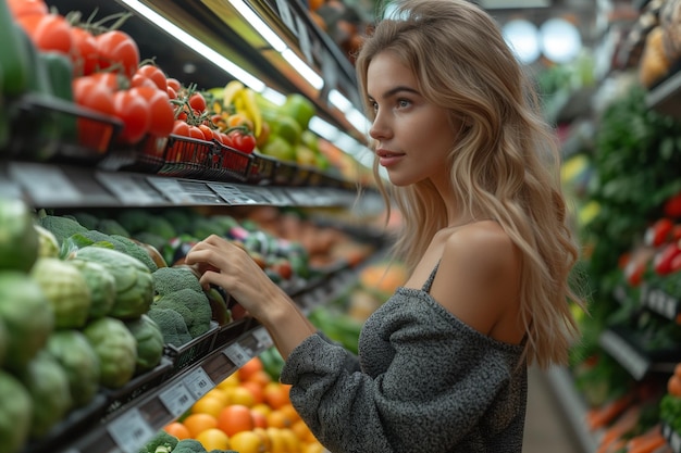 vrouw die door de gangpaden van de supermarkt bladert en zorgvuldig verse producten voor haar winkelwagentje selecteert