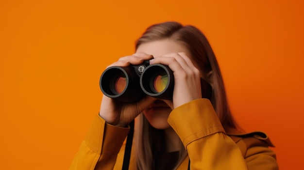 vrouw die door verrekijkers op oranje achtergrond kijkt