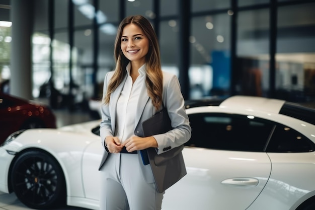 Vrouw die een auto kiest in de autoshowroom