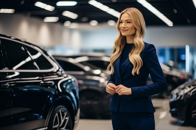 Vrouw die een auto kiest in de autoshowroom