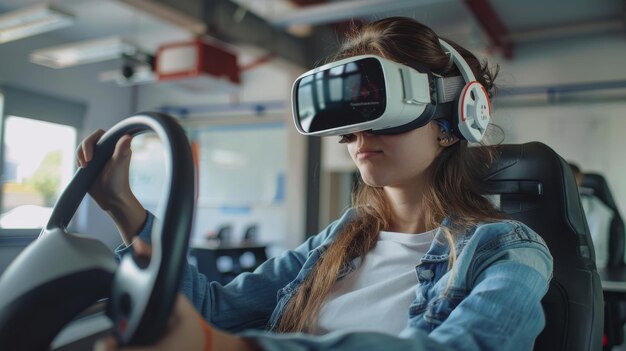 Foto vrouw die een auto rijdt met een virtuele headset