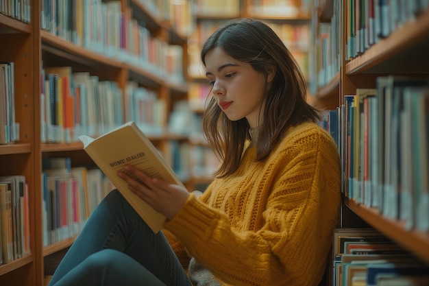 Vrouw die een boek leest in de bibliotheek