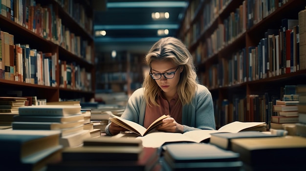 Vrouw die een boek leest in een bibliotheek