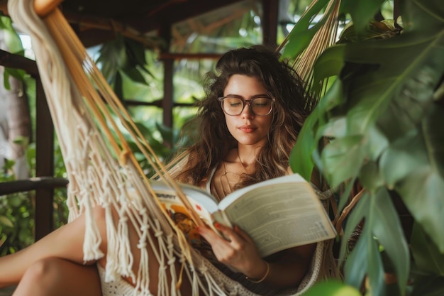 Vrouw die een boek leest in een hangmat