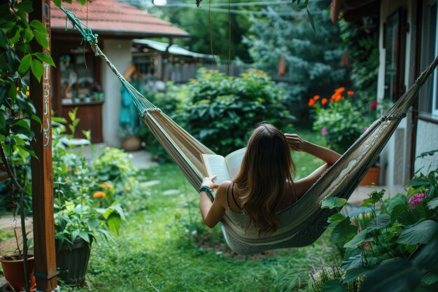 Vrouw die een boek leest in een hangmat