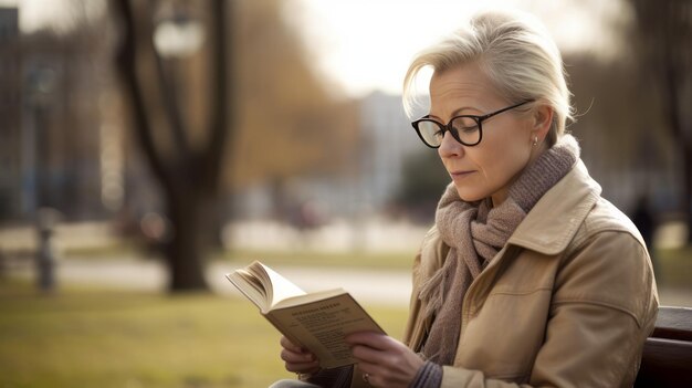 Vrouw die een boek leest in een park